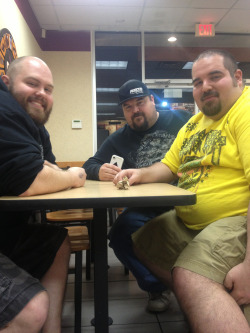 chubbyaddiction:  supersportbear:  (Left to right) Paul, Brain, and myself after having another snack at Dunkin Doughnuts.  Bear gang rocking the house, lol… 