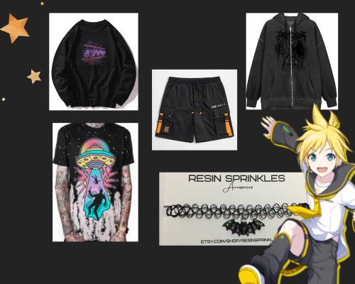 Fashion kit for Len Kagamine Sweatshirt with neon(ish) print, $17 “Space Odyssey” tiedye t-shirt, $2