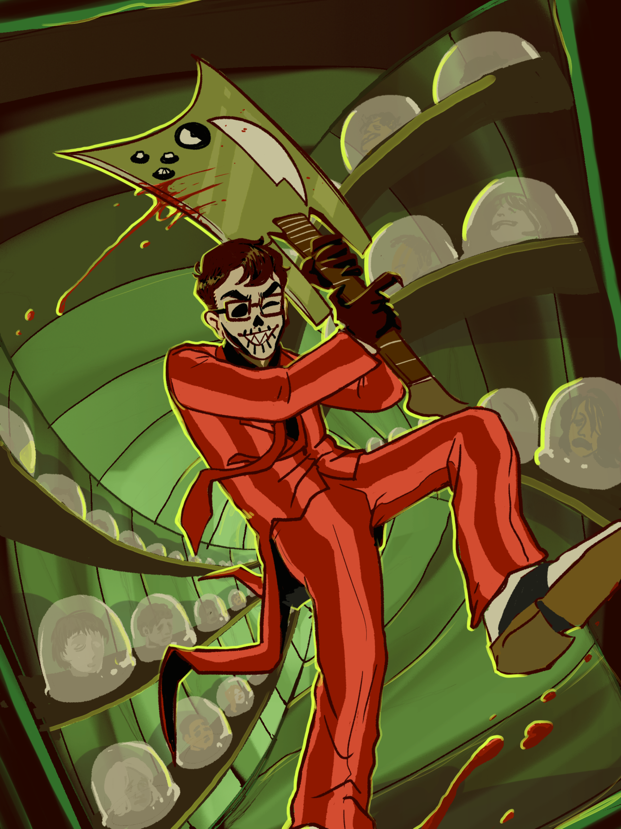 A man in a red striped suit with a skeletal face swings a guitar like an axe. Behind him is a twisting hall of severed heads on display.