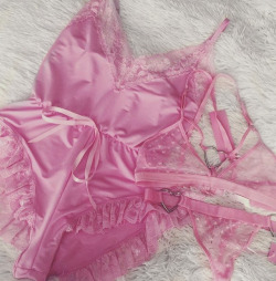 coquettefashion:Pink Silk Lace Teddy &amp; Pink Heart Ring Bra + Panties