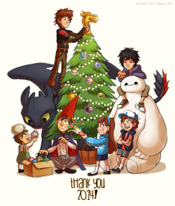 yourdragonslover:runthewind:  mistrel-fox:  The year is coming to a close, so it’s time for a big holiday crossover pic! I wanted to honor the animated masterpieces which gave me major feels this year, 2014 wouldn’t be 2014 without those gems :’)