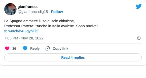 La Spagna ammette l'uso di scie chimiche,  Professor Pattera: "Anche in Italia avviene. Sono nocive"....https://t.co/0CtBdhqyBW  — gianfranco. (@gianfrancodig15) November 28, 2022