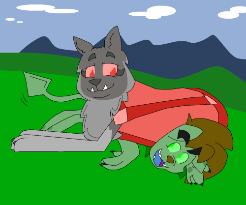 ask-wisp-the-diamond-dog:*pff* Wisp:  What the? Scoria:  Yeah, just wanted to lay on something comfy. Wisp:  Heheheh, d’alright then. ______ Based off of this cute post.x3 Daww hehe xp