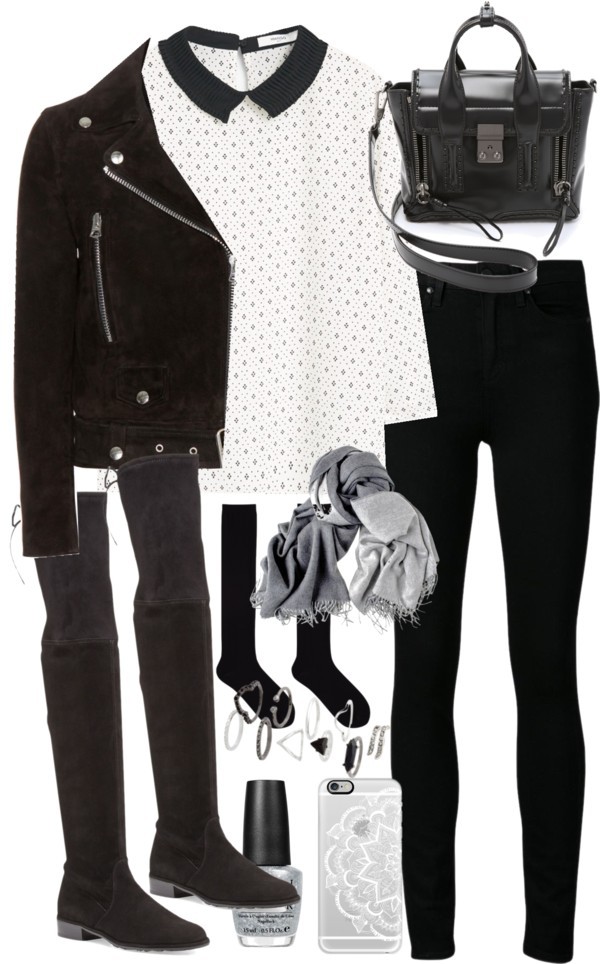 Outfit with a blouse by ferned featuring a biker jacket
MANGO pleated top, 36 AUD / Acne Studios biker jacket / Paige Denim skinny jeans, 500 AUD / Uniqlo knee high socks, 11 AUD / Stuart Weitzman black thigh high boots, 1 140 AUD / 3 1 Phillip Lim...