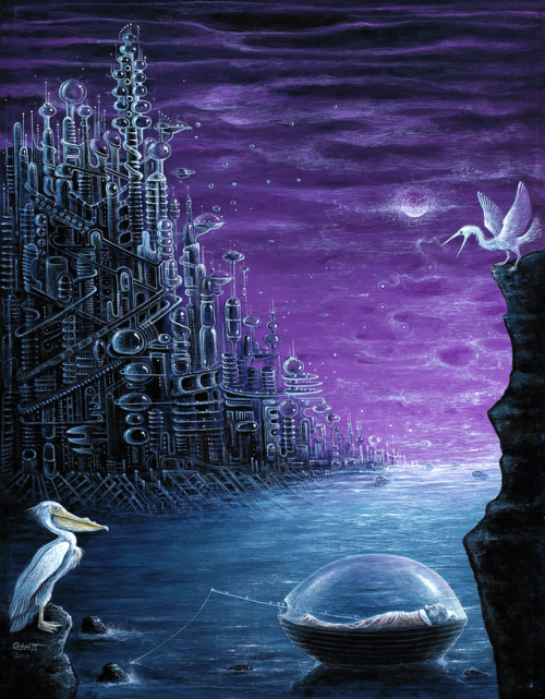 “ASLEEP BY THE CITY OF GLASS”  is a small painting about dreaming and fishing  … from 2009.