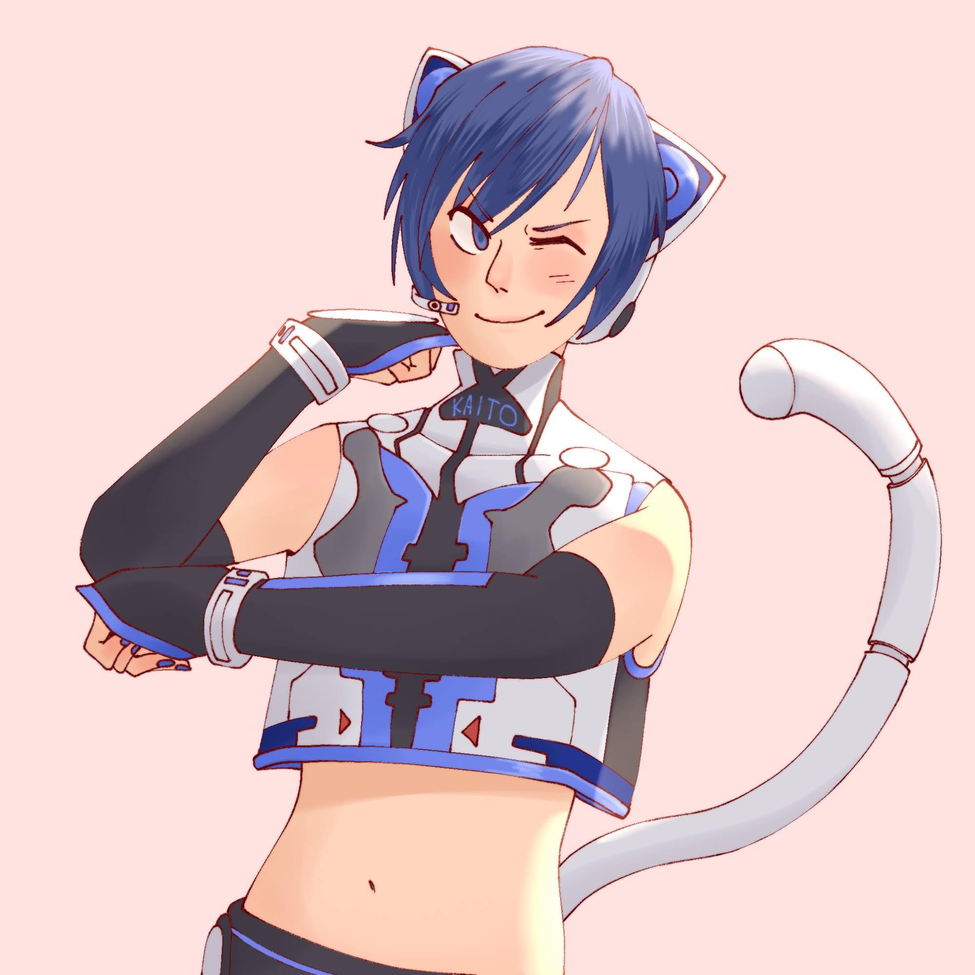 digital drawing of kaito the vocaloid with his cyber cat costume. he looks off to the side and winks, while smiling