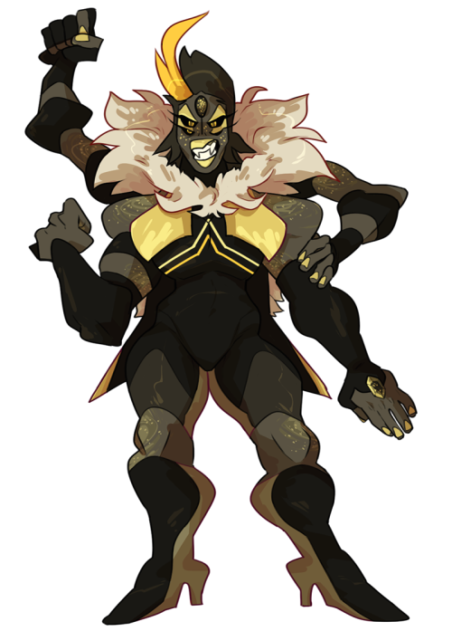 azzles:  drew @stenuniverse‘s gemsona peacock ore for a trade <3 and then fused them and my gem because sten and i briefly talked about it so i decided.. why not. they’re gold sheen obsidian 