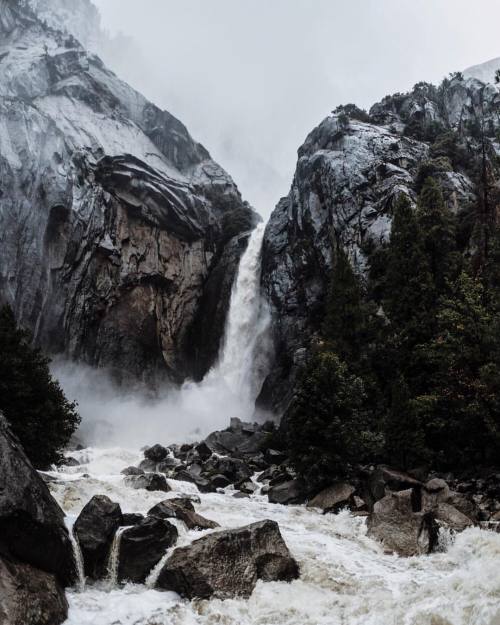 tannerwendell: stormy lower yosemite falls. yosemite. california. (at Lower Yosemite Falls)