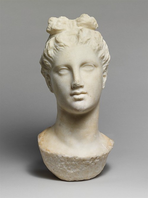 ancientpeoples:  Marble head of a young woman  Head is from a funerary stela. It is 40.6cm high (16 inch.)  Greek, Classical period, 4th century BC.  Source: Metropolitan Museum
