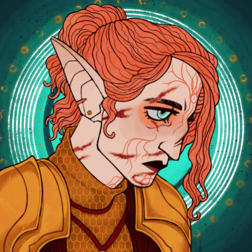 [IMAGE IDs:Three digital drawings of the same dalish inquisitor from Dragon Age: Inquisition.Image 1