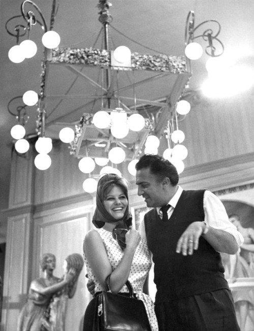 thegoldenyearz:Claudia Cardinale and Federico Fellini on the set of 8 ½, 1963