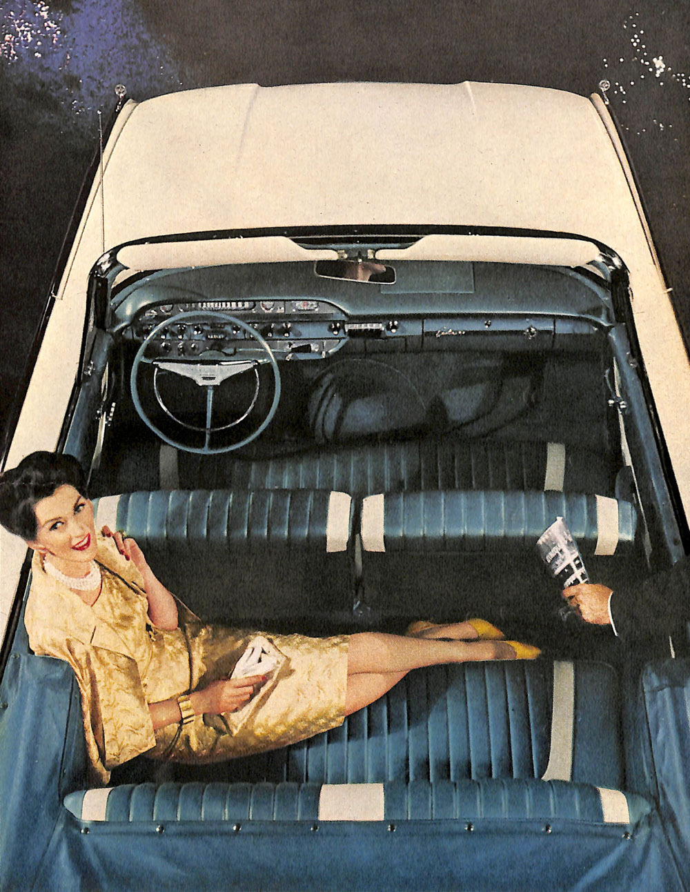 vintagegaze:  1960 Ford Sunliner Convertible and model wearing brocade 3 part suit.