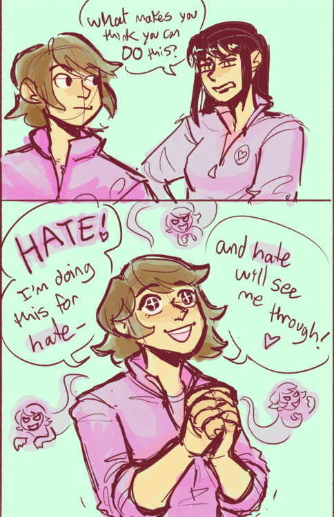 [image: comic of Kanae and Kyoko from Skip Beat, both in their pink jumpsuits. Kanae scornfully asks