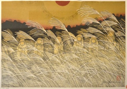 Junichiro Sekino, The Six Jizo at Yamashina, Kyoto, 1970 Woodblock Print,  20&quot; x 27.5