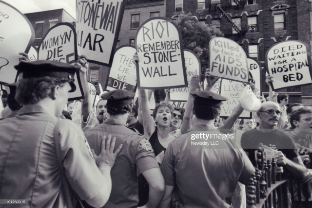 New York, N.Y.: On June 6, 1989, AIDS activists protest during the dedication ceremony of Stonewall Place on Christopher Street in Greenwich Village, New York. (Photo by Erica Berger/Newsday RM via Getty Images)