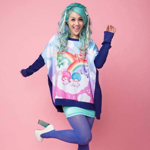 Little Twin Stars x Care Bears Poncho Sweatshirt has Kiki and Lala hanging out in the clouds with th