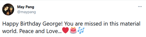 May Pang’s birthday wishes to George Harrison on twitter. [x]