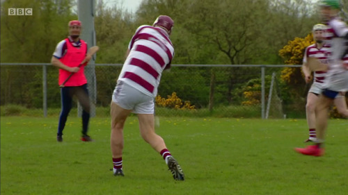 Adrian Chiles playing a game of hurling in “Christine & Adrian’s Friendship Test” s1e02