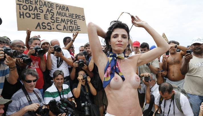 Protest against a topless ban on the Ipanema beach, in Rio de Janeiro, Brazil, Saturday,