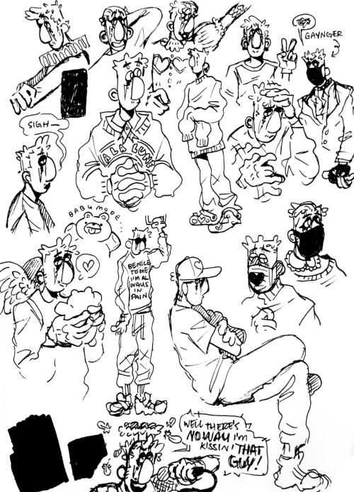 gummysugar![image ID: five sketchbook scans featuring ink sketches of the members of the fictional b