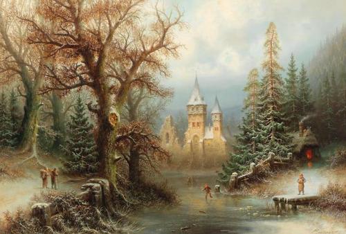 Romantic Winter Landscape with Ice Skaters by a Castle, Albert Bredow (1828-1899)