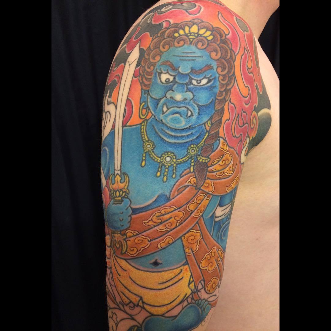 First session done Fudo Myoo back piece done by Marcelo  The Dog Father  Tattoo Co In Fremont Ca  rtattoos