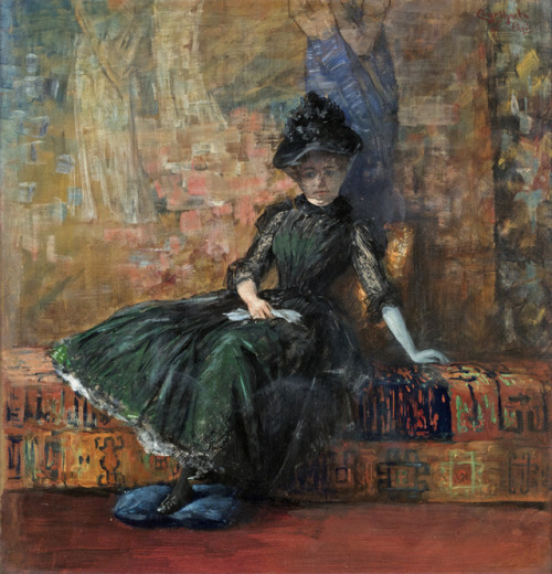 Elegant Lady Sitting on a Sofa    -   Josef Engelhart , 1891Austrian, 1864–1941gouache on cardboard 