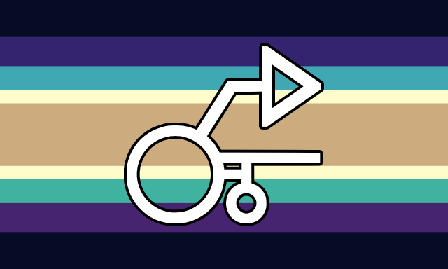 A flag with 9 stripes. It goes from dark blue, to lighter blue-purple, to mid-teal, to light yellow, to orange, to light yellow, to mid-green, to darker purple, to dark blue. There is a white symbol with two wheels, one large and one small. On the large wheel, a line goes up, then over, and has an arrow at the end. Above the smaller wheel, there is a small horizontal line connected to both the wheels.