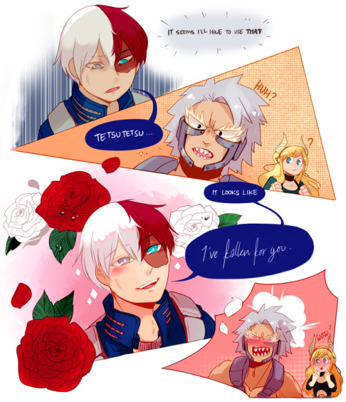 sevedraws:todoroki’s new move is lit [ID: A 4 panel comic of Todoroki, Tetsutetsu and Pony. The firs