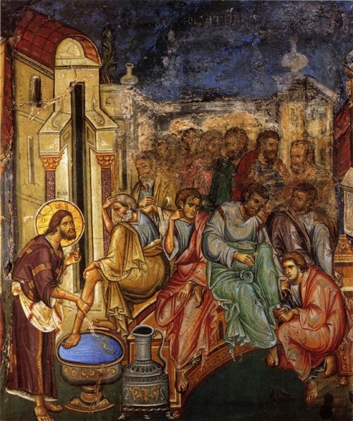 Holy and Great Thursday. Washing the feet of the Apostles. Early 14th c. Fresco in Vatopedi Monaster