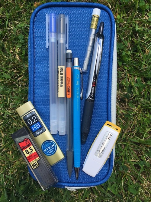 My pencil case is a large Lihit Lab Smart Fit Double Pen Case in blue. The white pouch is narrow but