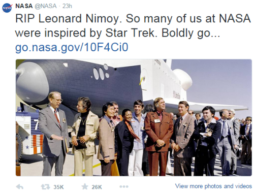 johnsonspacecenter:  NASA and astronauts paying tribute to Leonard Nimoy.*Link to Buzz Aldrin’s op-Ed piece