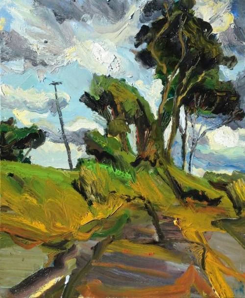 Windswept coastal trees    -       Robert Malherbe ,2016  Australian, b,1965- oil on linen   91.5 x 