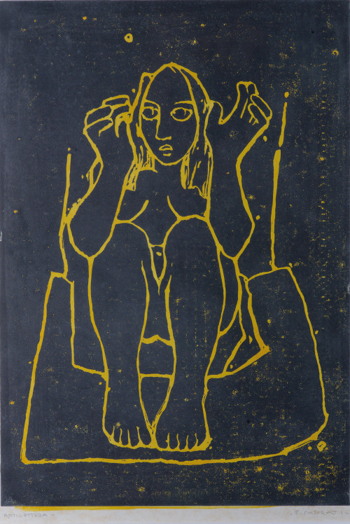 huariqueje:Nude  -  Felice Casorati, 1960.Italian, 1886-1963engraving on linoleum , 46 x 31.4 cm.   