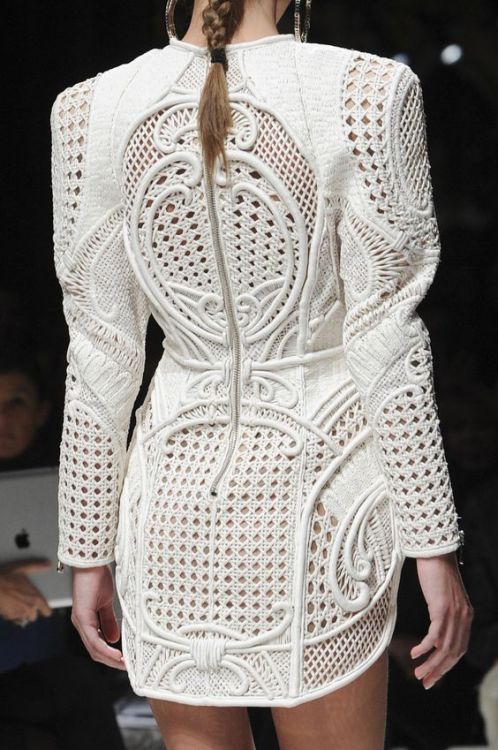 Balmain spring 2013 ready-to-wear (click to enlarge).Padded white raffia on nude tulle, inspired by 