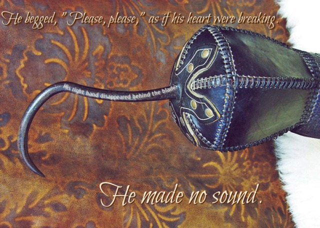 A photo of a hook prosthetic on a gold background. There is text over the image reading "He begged, 'Please, please," as if his heart were breaking.
