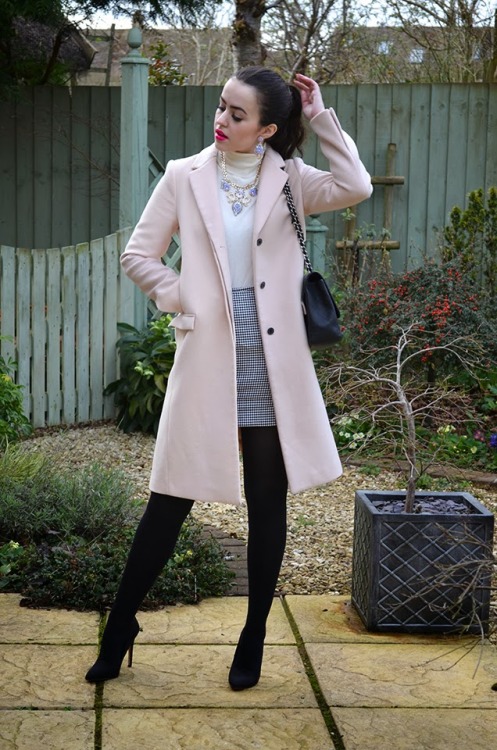 (via Arabella: Lilac Jewels / Pale Pink Coat / White Roll Neck / Dogtooth Print Skirt)