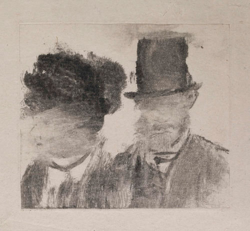 moma:  Opening today, Edgar Degas: A Strange New Beauty reveals the experimental side of Degas through his rarely seen monotype prints.  [Edgar Degas. Heads of a Man and a Woman (Homme et femme, en buste), c. 1877–80. Monotype on paper. Plate: 2 13/16