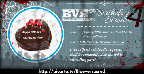 blueversusred:Fourth Annual Blueversured Birthday Give-a-way Stream (AKA Selfcestmas)Is anyone still