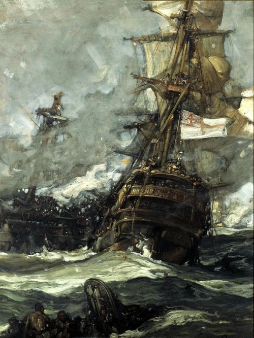 hms-surprise:The Brunswick Caught Anchors With Her EnemyFrank Brangwyn