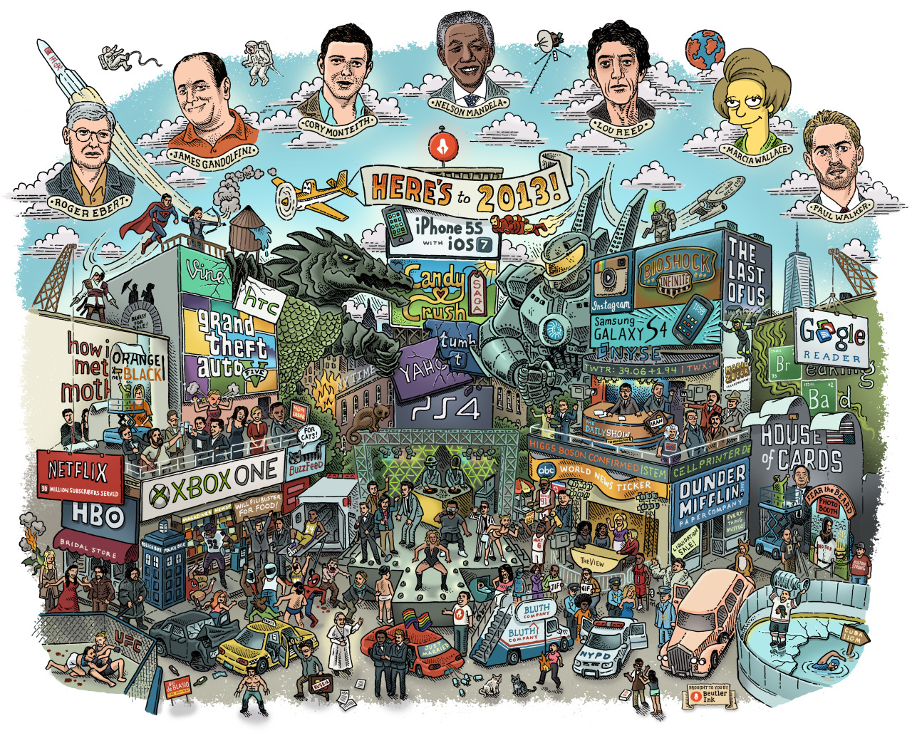 2013 pop culture and news mashup
These are the events of 2013 summed up in a single drawing. There are around 90 separate events depicted, including Game of Thrones’ Red Wedding, a bunch of video games & apps, pop culture sadness, and news...