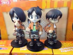 Closer looks at the painted versions of Furyu’s Spoof on Titan Mikasa, Eren, and Levi figures, with original designs by hounori!Release Date: August 4th, 2015