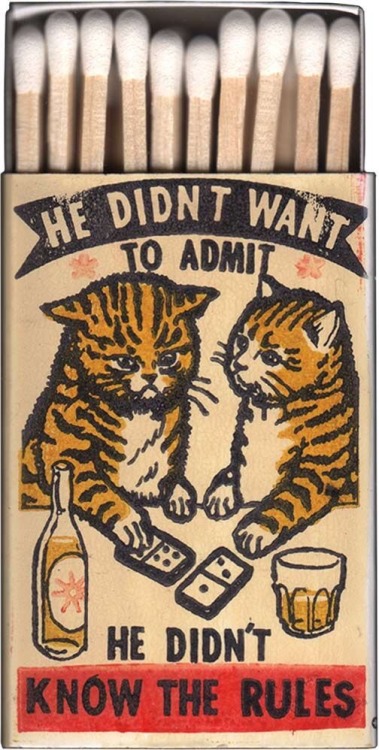 ”He didn’t want to admit he didn’t know the rules.” Matchboxes featuring cats by Arna Miller and Rav