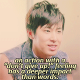 hominq:  “it might be embarrassing for guys to do something like an embrace, but to an experience an action or encouragement with a ‘don’t give up!’ feeling has a deeper impact than words,” —yunho (110921 m-on! monthly icon) 