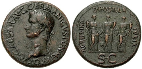 littlesoldierboots:A sestertius featuring emperor CaligulaOn the other side of the coin, his three s