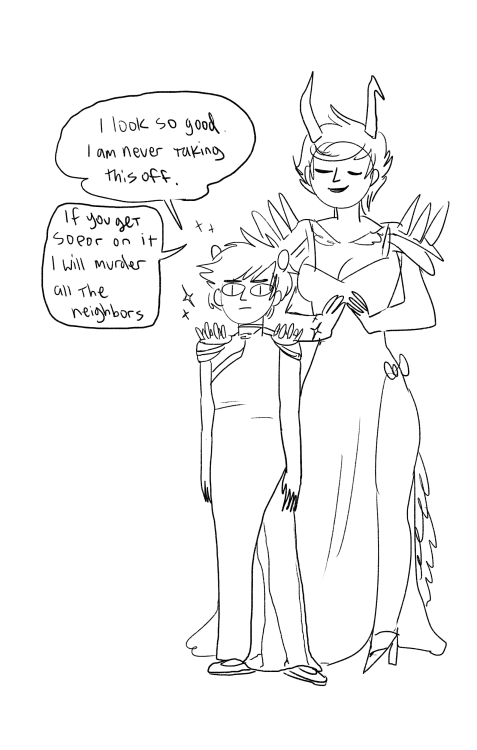 poidkea:  i was thinking about those dresses my friend drew a while ago. i love them. so i drew more bloodswap shit once they’re all grown up and off planet kanaya gets bullied into attending a lot of nice events with terezi. kanaya in turn bullies