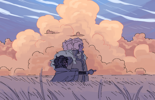 a digital drawing of Sol and Nyx walking through a field at sunset. Behind them are large golden cumulonimbus clouds and high above in the clear deep blue sky are wispy while cirrostratus clouds. Sol is looking at the clouds, while next to her Nyx is pointing ahead to where they are going.
