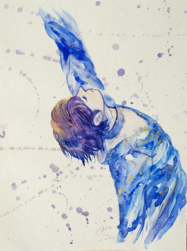 Yuzuru Hanyu watercolor drawing. He's laying back with one arm extended upwards. 