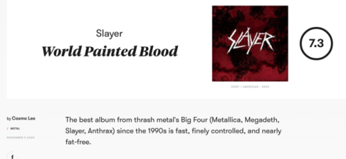 isitbetterthanemotion: Is it better than E•MO•TION?: Slayer: World Painted Blood Pitchfork