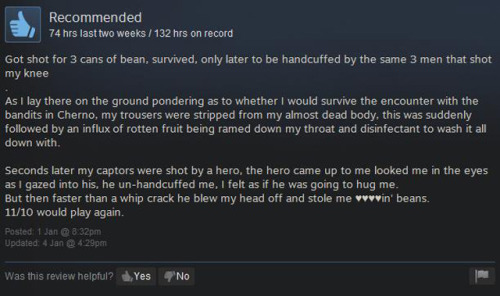 omega2669:  amish-mafia-jimmies-overlord:  vanehwasreal:  let’s talk about the steam reviews for the online horror game DayZ  I am dying oh my god.  